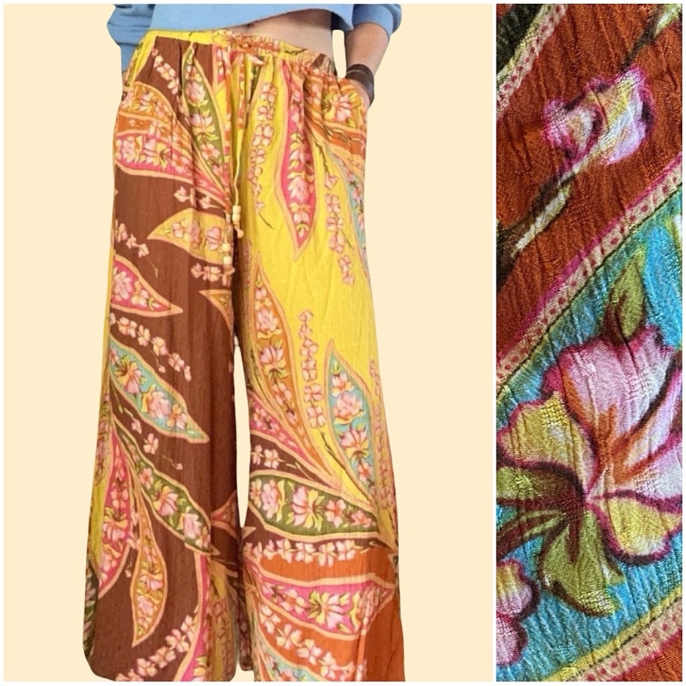 Haute Hippie Orange Yellow Floral Wide Leg Palazzo Print Crepe Pants Size Large - Picture 3 of 13